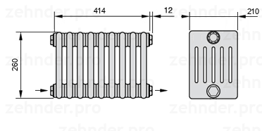 Схема (чертеж) Радиатор Zehnder Charleston 6026/9 №2670 Белый глянцевый RAL 9016